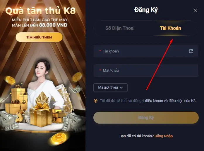 Đăng ký k8 bằng tên tài khoản