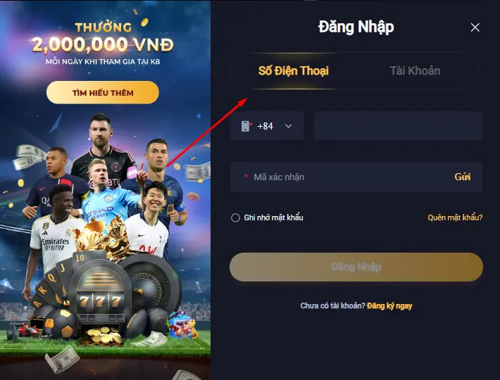 Đăng nhập k8 bằng số điện thoại