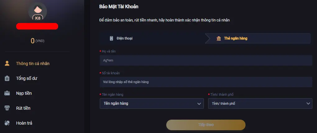 Điền thông tin tài khoản ngân hàng