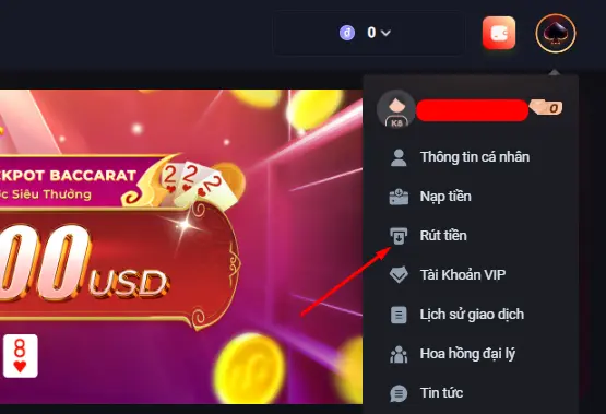 Vào mục rút tiền ở trang chủ k8