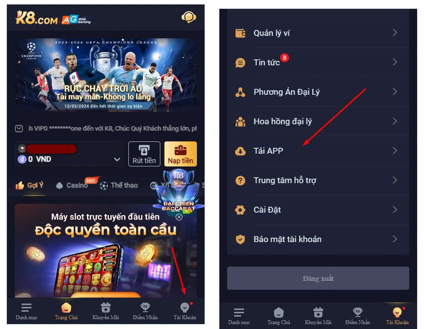 Vào mục tài khoản chọn tải app