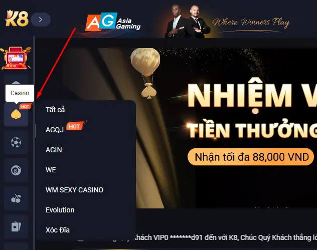 Hướng dẫn truy cập sảnh k8 casino